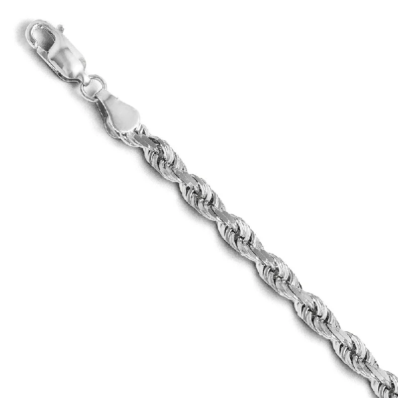 4mm 14k White Gold Solid Diamond Cut Rope Chain Bracelet, 8 Inch