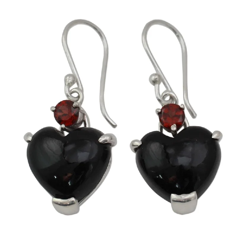 Handmade Sterling Silver 'Goth Love' Onyx Garnet Earrings (India)