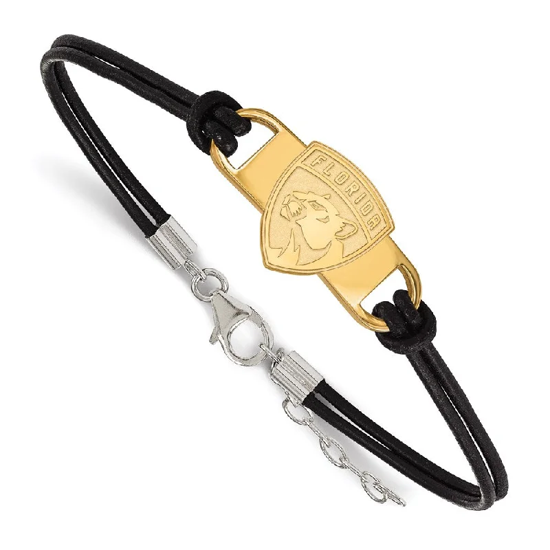 SS 14k Yellow Gold Plated & Leather NHL Florida Panthers Adj. Bracelet