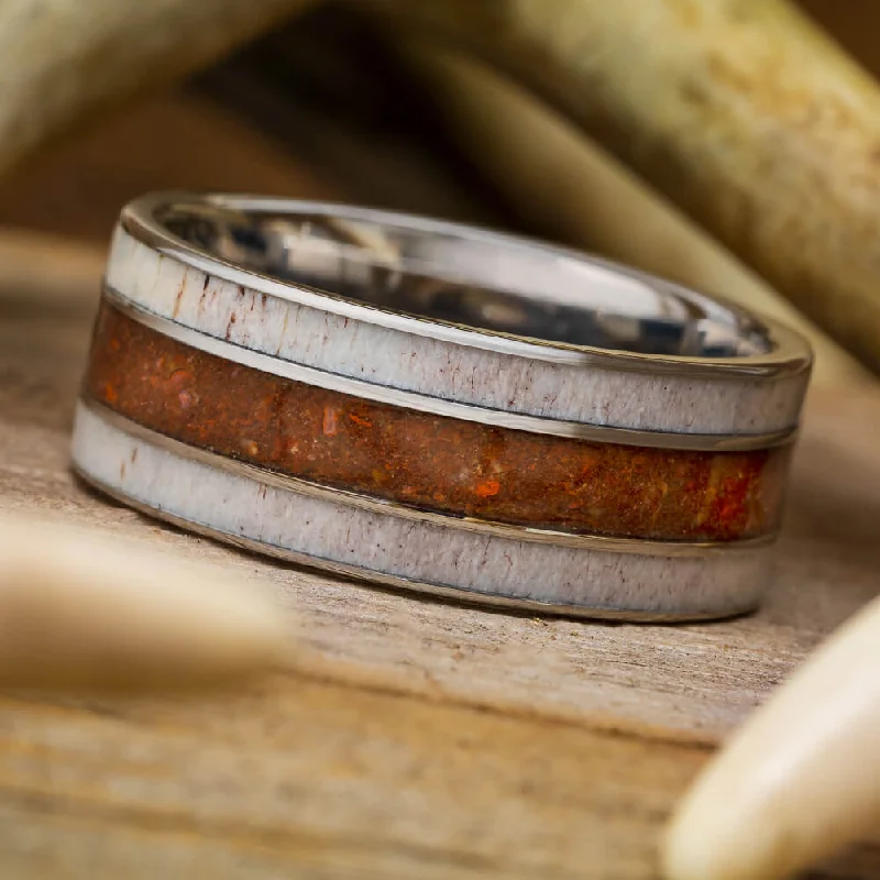 Thick Wedding Band With Dinosaur Bone And Deer Antler