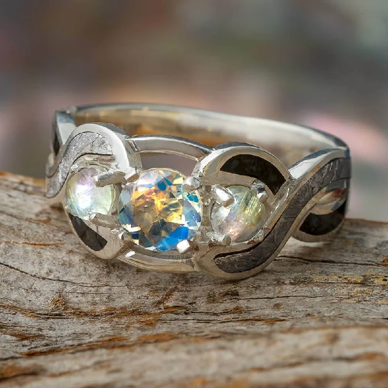 Triple Moonstone Engagement Ring with Meteorite and Dino