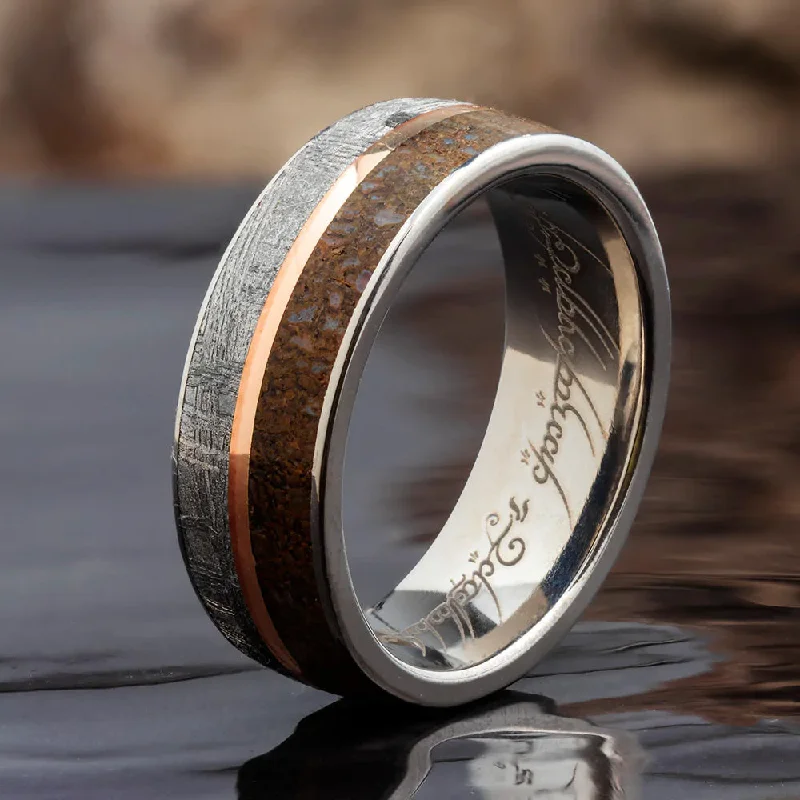 Gibeon Meteorite & Fossil Wedding Band With Gold Pinstripe