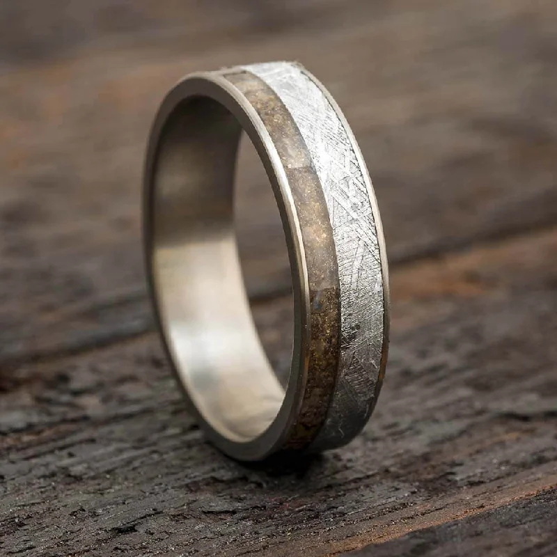 Dinosaur Bone Men's Ring With Meteorite And Titanium Edges