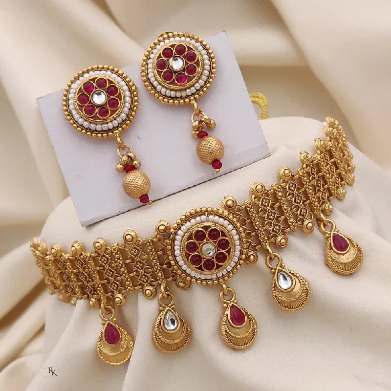 Akruti Collection Gold Plated Pota Stone And Pearls Choker Necklace Set