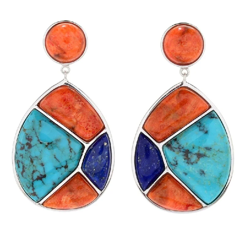 Sterling Silver 1.75" Bamboo Coral & Multi Gemstone Drop Earrings