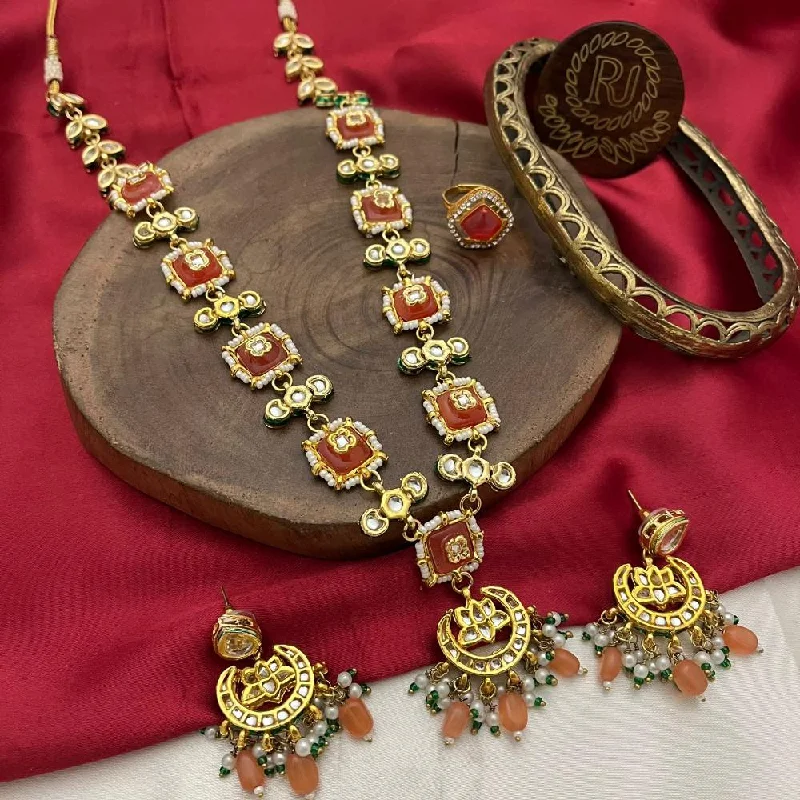 FS Collection Gold Plated Kundan Stone And Pearls Long Necklace Set