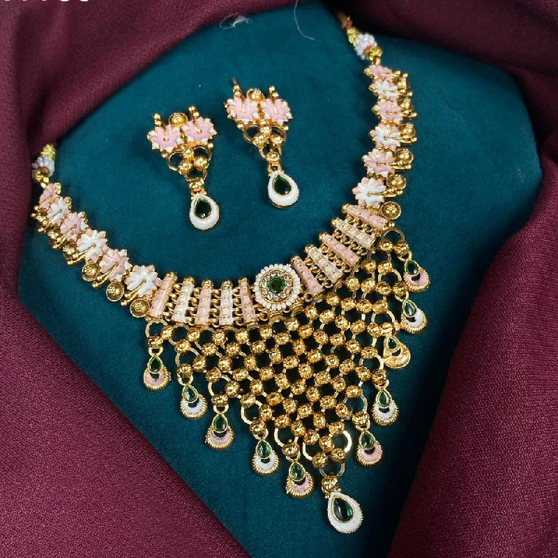 Amoliya Jewels Gold Plated Pota Stone Pearls And Meenakari Necklace Set