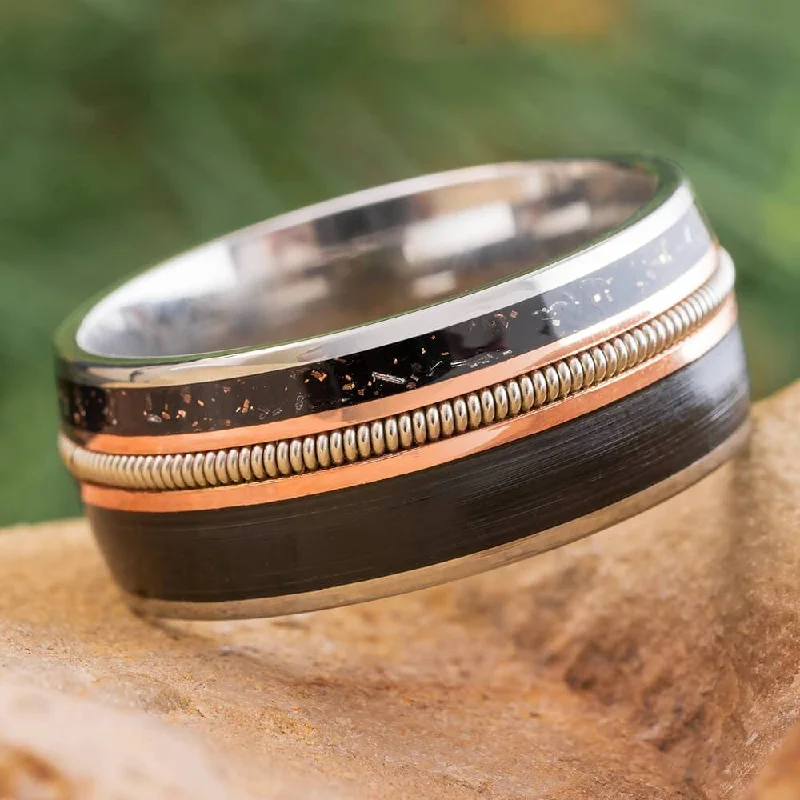 Guitar String Wedding Band With Vinyl LP Record, Stardust, and Rose Gold