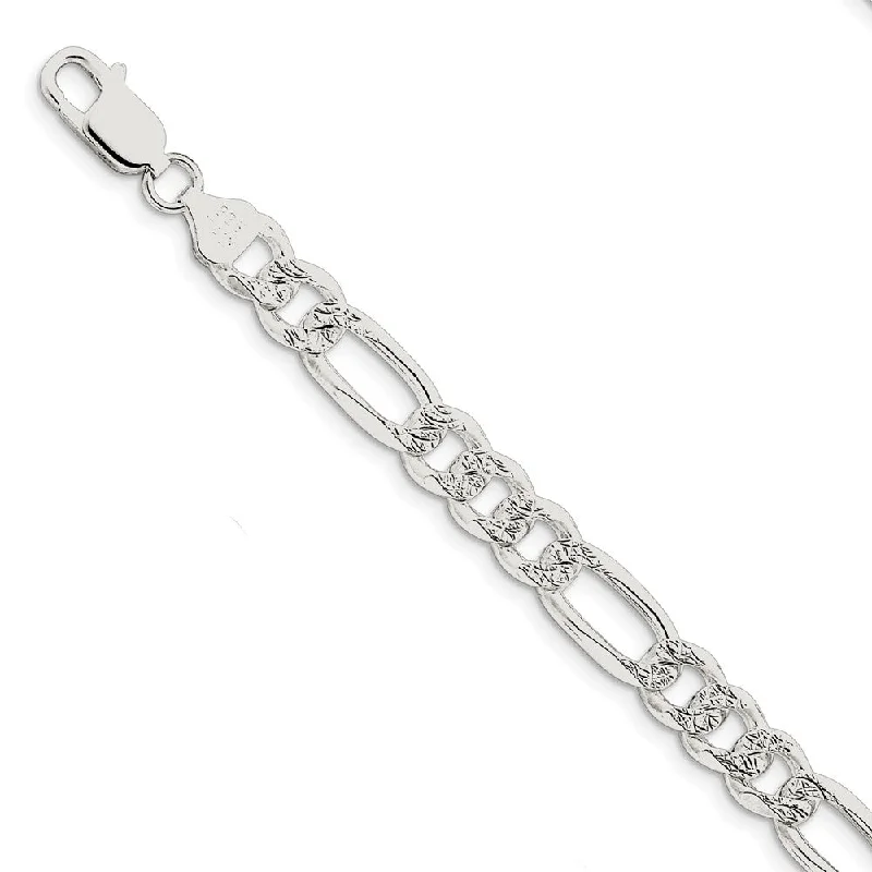 Men's 8mm Sterling Silver Solid Flat Pave Figaro Chain Bracelet