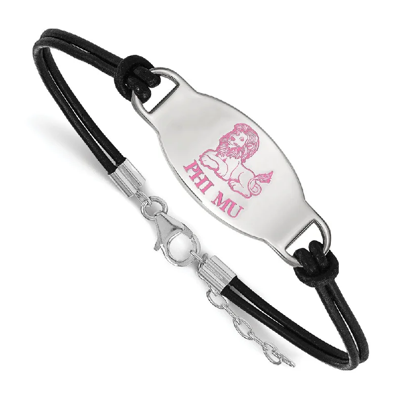 Sterling Silver Phi Mu Enamel Black Leather Bracelet - 7 in.