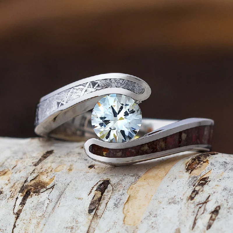 White Sapphire Engagement Ring, Titanium Meteorite Ring With Dinosaur Bone