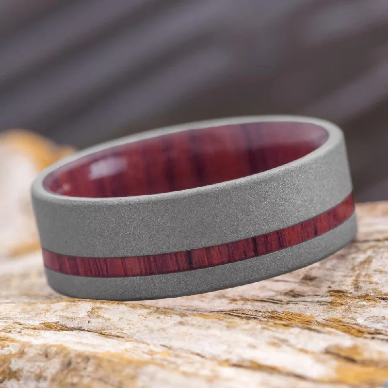 Sandblasted Titanium Ring With Bloodwood Pinstripe & Sleeve