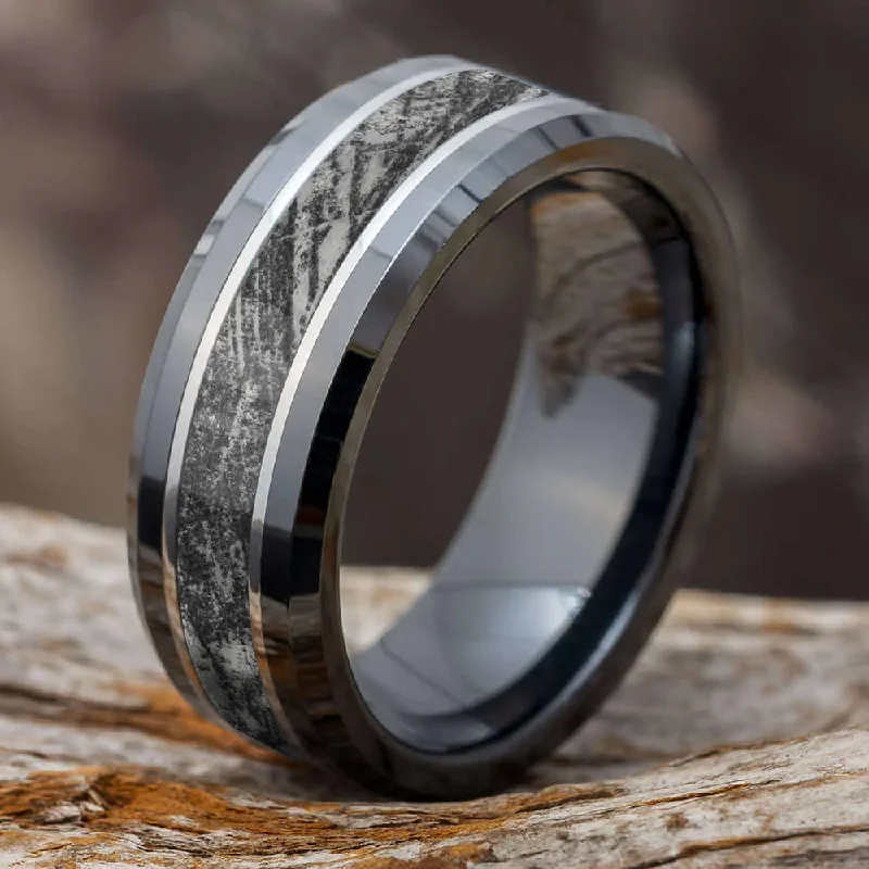 Black Ceramic Men's Ring with Meteorite Pattern