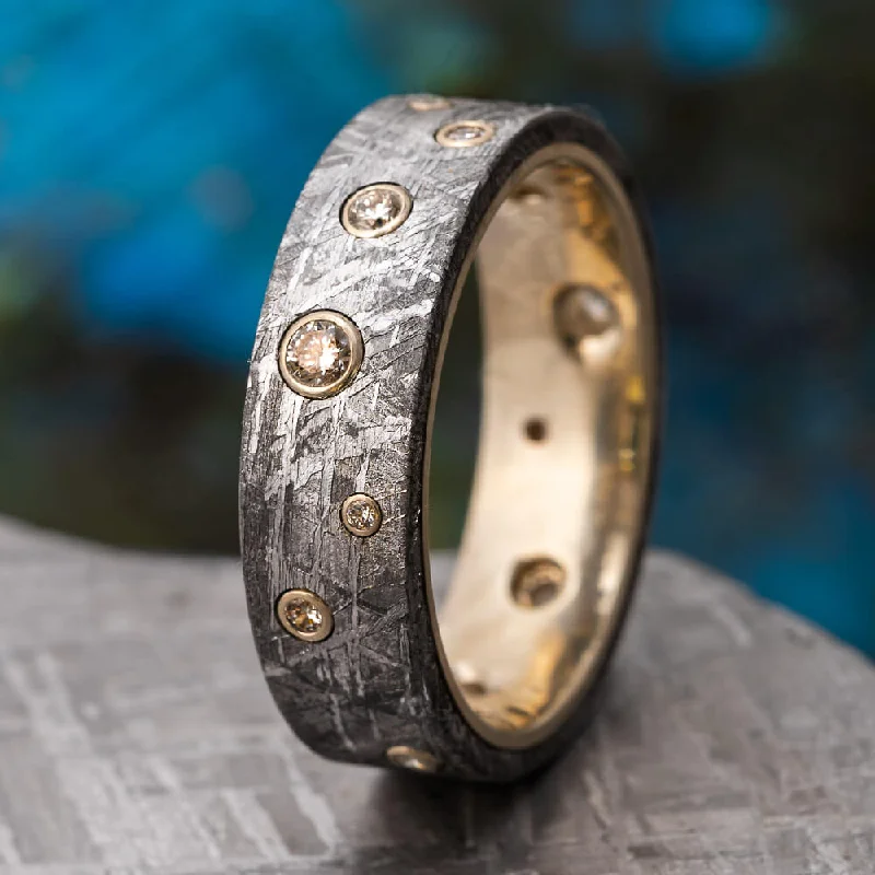 Meteorite Wedding Band With Diamonds in White Gold