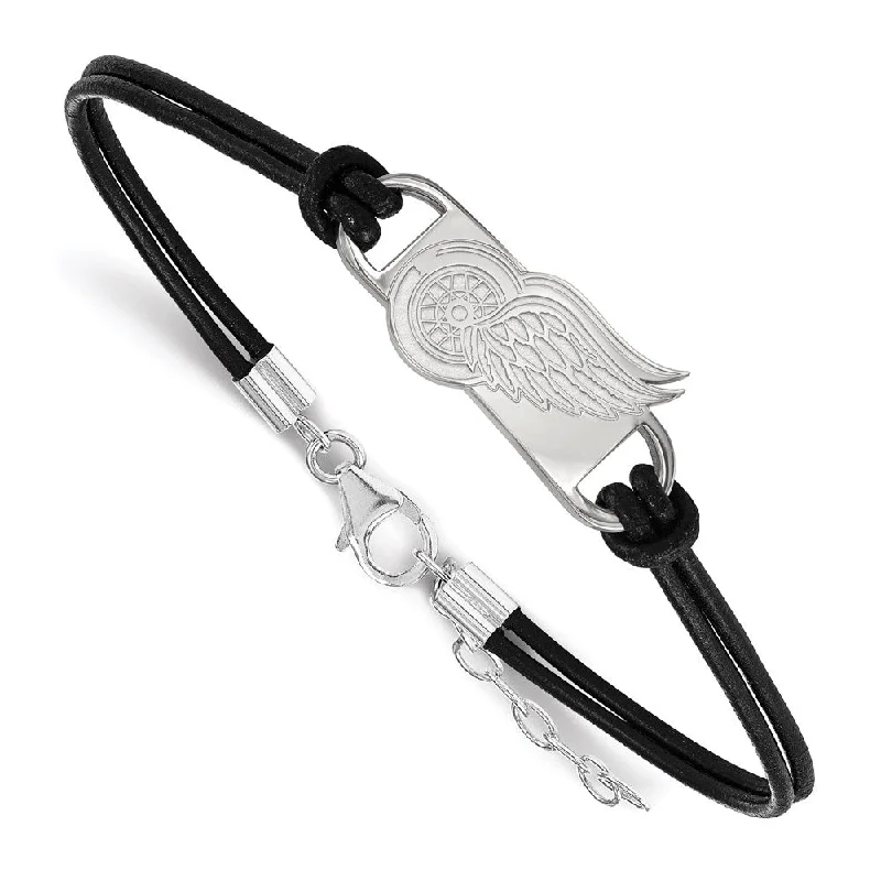 Sterling Silver & Leather NHL Red Wings Adj. Bracelet