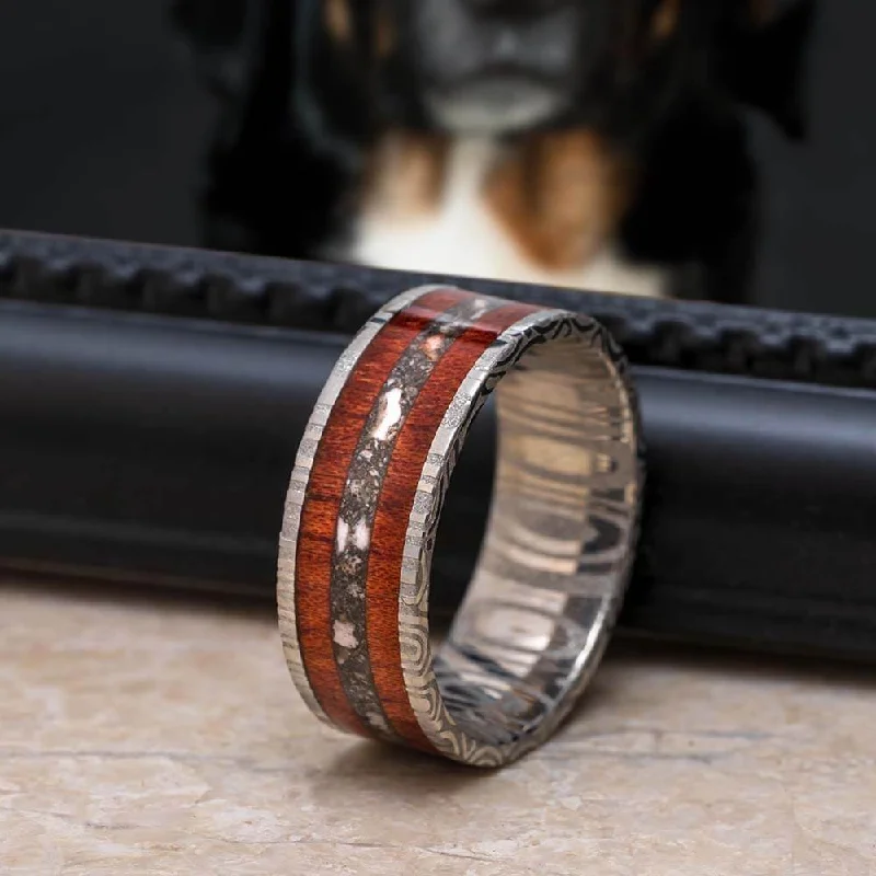 Memorial Ring with Bloodwood in Damascus Sleeve