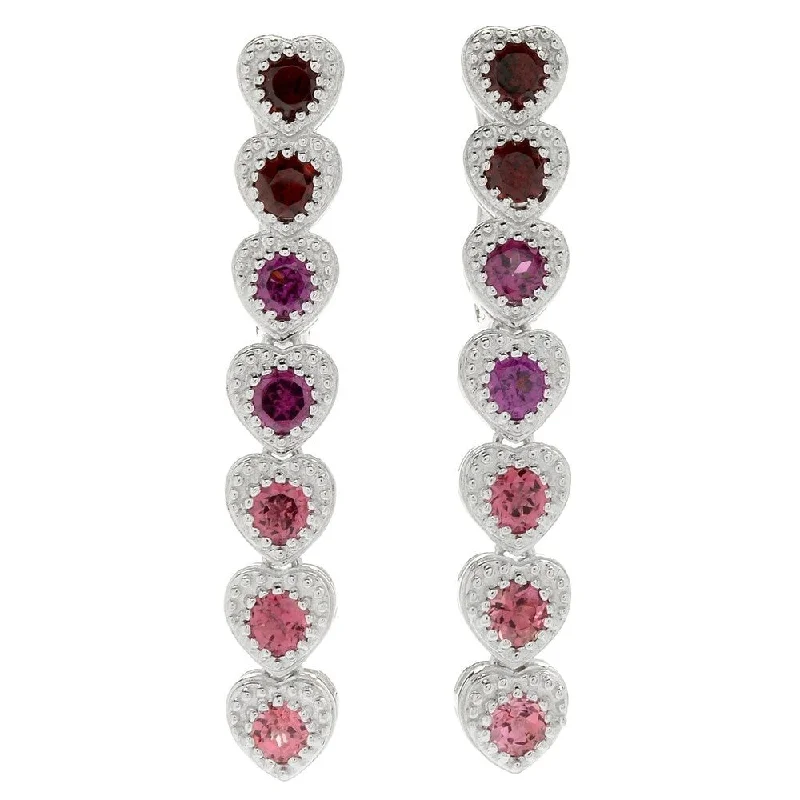 Sterling Silver 1.5" Multi Pink Tourmaline Heart Drop Earrings