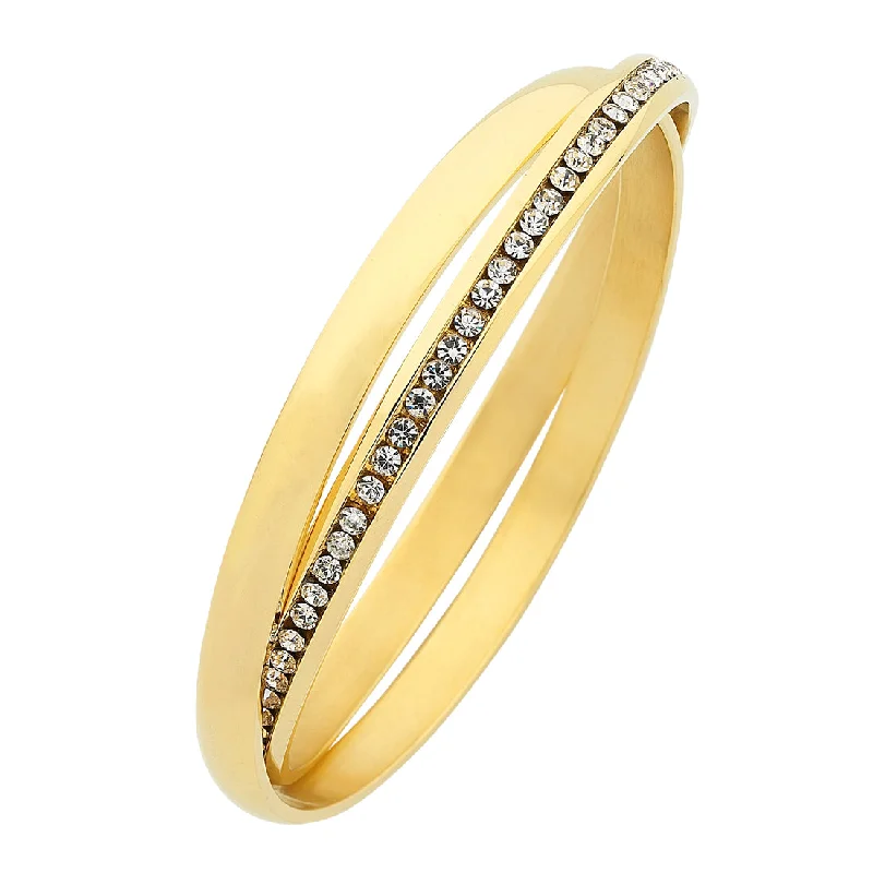 Stainless Steel Gold Colour Crystal And Plain Double Bangle