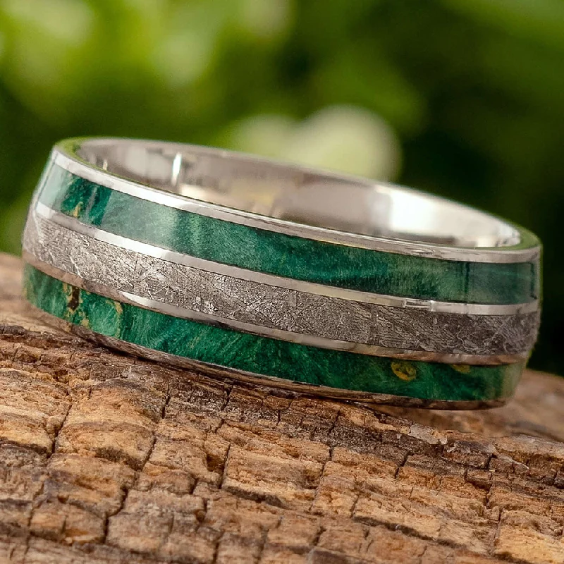 Green Men's Wedding Band With Meteorite, Titanium Ring