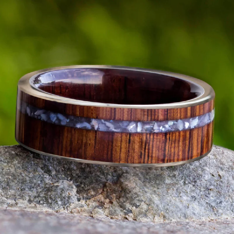 Honduran Rosewood Wedding Band with Crushed Mother of Pearl Pinstripe