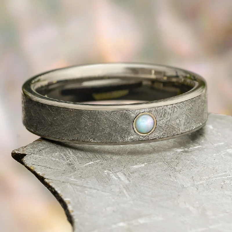 Meteorite Wedding Band in Titanium with Opal Gemstone