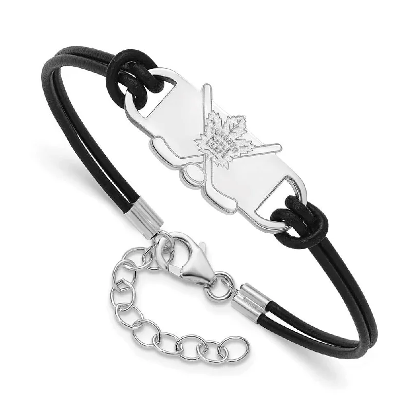 Sterling Silver Rhod-Plated NHL Maple Leafs Leather Bracelet, 7 Inch