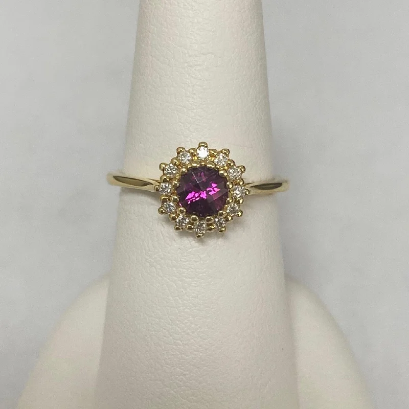 18kt Yellow Gold Rhodolite Garnet and Halo Ring