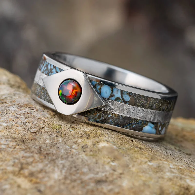 Black Fire Opal Ring With Dinosaur Bone And Meteorite Inlays