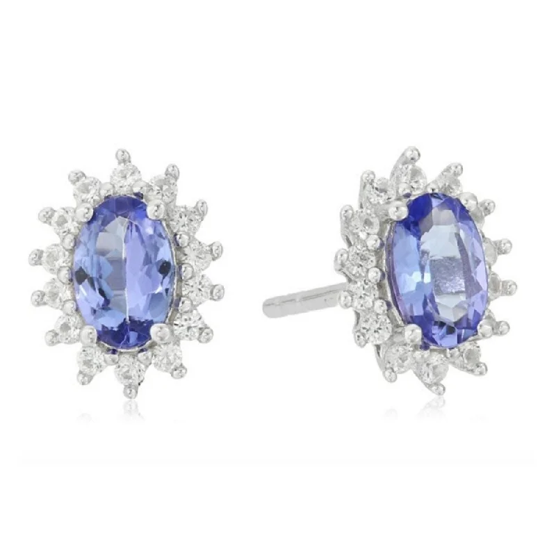 925 Sterling Silver Tanzanite,Created White Sapphire Stud Earrings