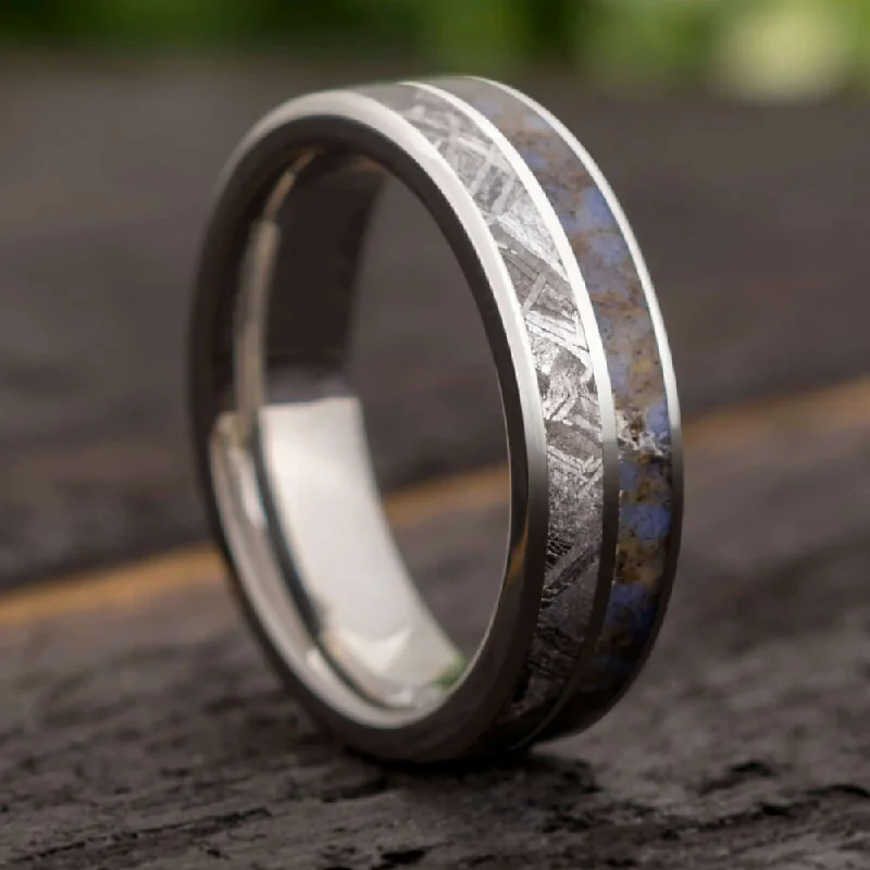 Meteorite & Dinosaur Bone Ring With Center Pinstripe