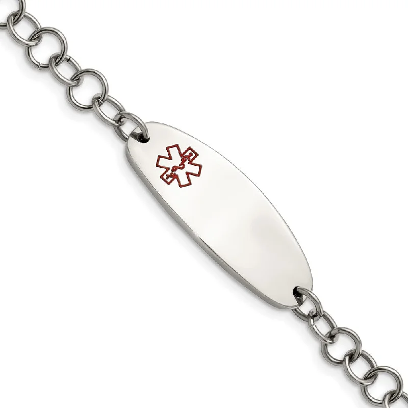 Stainless Steel Red Enamel Medical I.D. Bracelet, 7.25 Inch