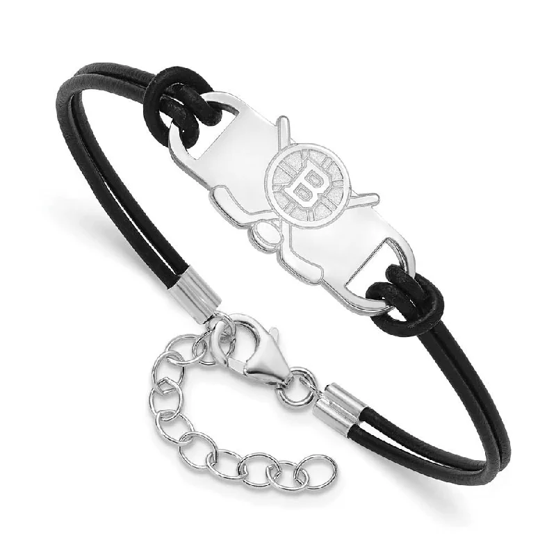 Sterling Silver Rhodium Plated NHL Boston Bruins Leather Bracelet 7 In