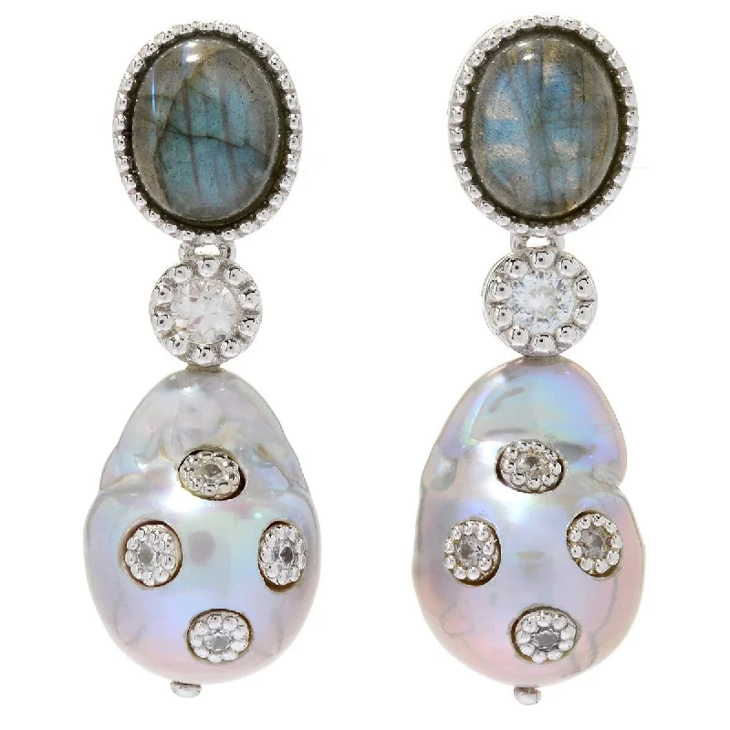 Dallas Prince Sterling Silver 1.75" 20 x 14mm Cultured Pearl & Gemstone Drop Earrings