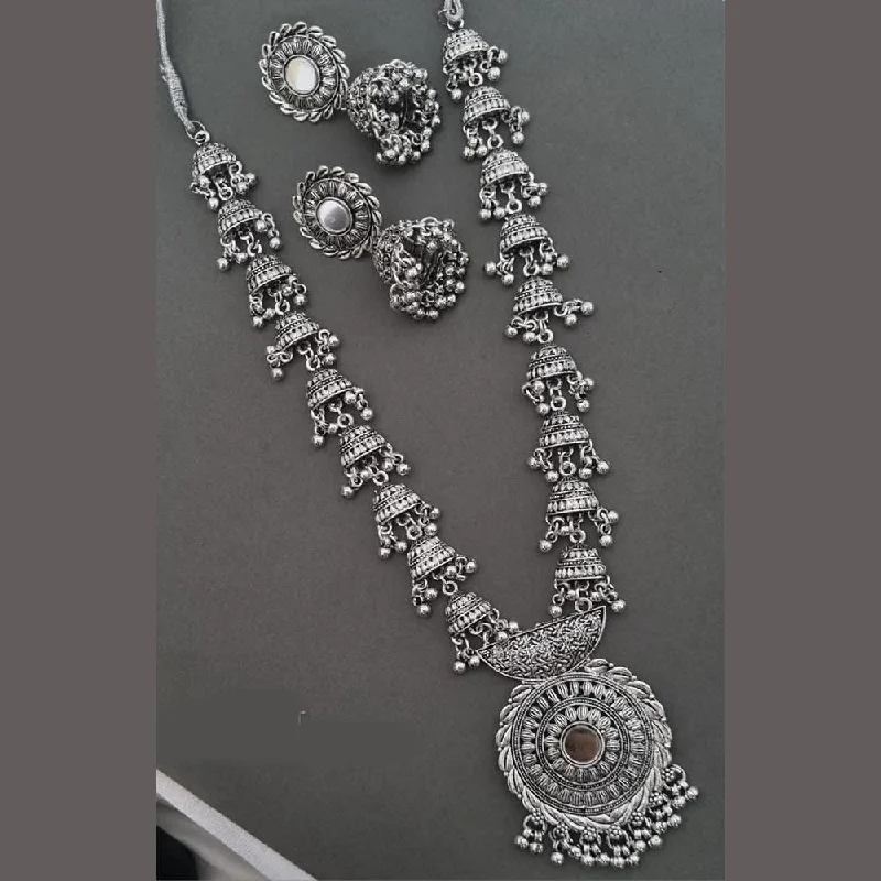 Pooja Bangles Oxidised Plated Mirror Long Necklace Set