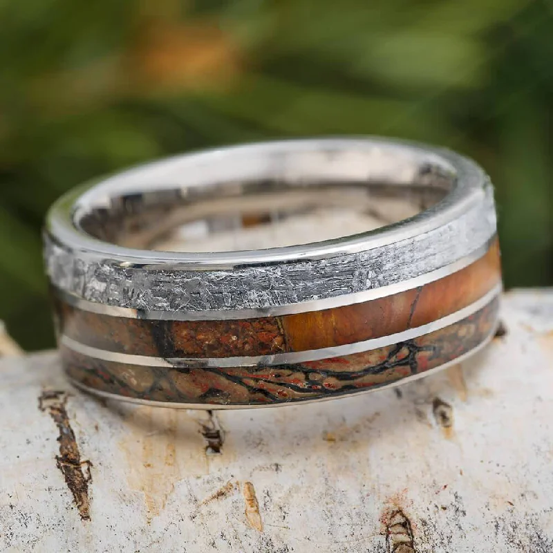 Wedding Band With Meteorite, Dinosaur Bone, And Petrified Wood