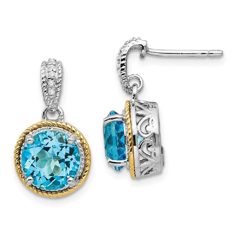 14k Gold and Sterling Silver Blue Gemstone Diamond Dangle Earrings (L-20 mm, W-11 mm)