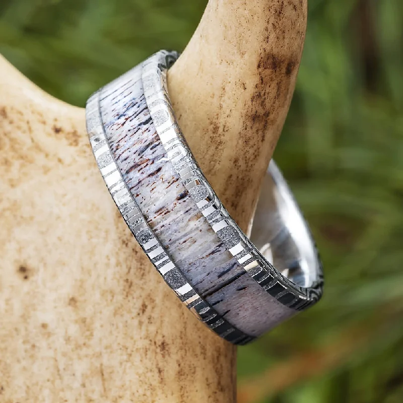 Deer Antler & Damascus Steel Men's Wedding Band