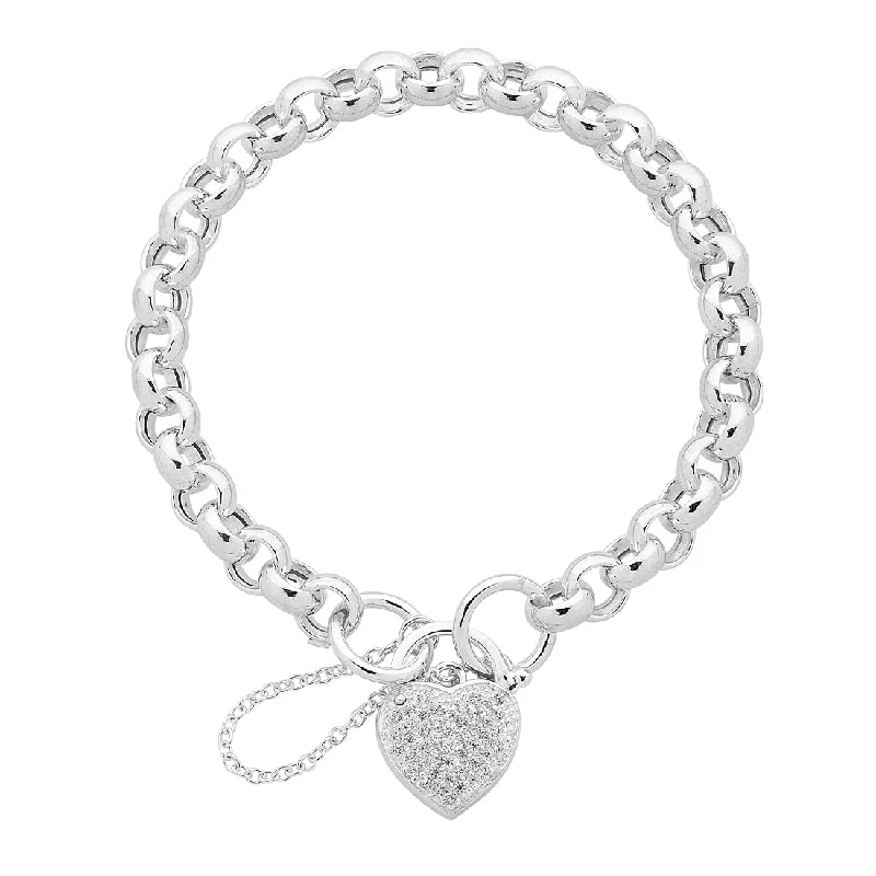 Sterling Silver Zirconia Heart Padlock Bracelet