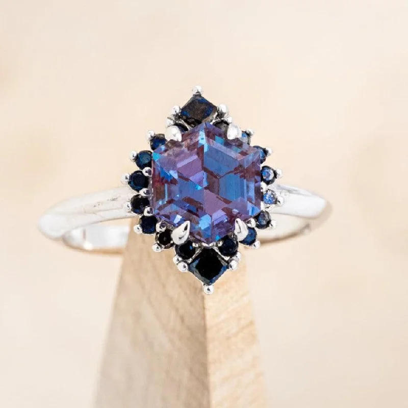 "NEREZZA" - HEXAGON CUT LAB-GROWN ALEXANDRITE ENGAGEMENT RING WITH A BLACK DIAMOND HALO