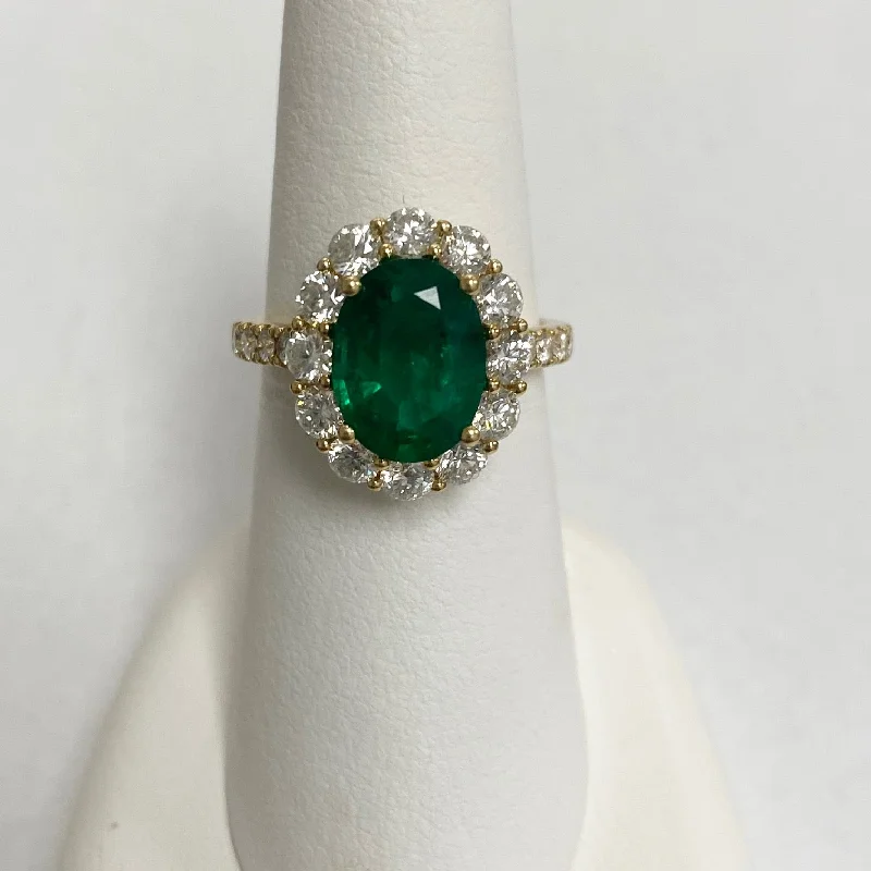 18kt Yellow Gold Emerald and Diamond Halo Ring