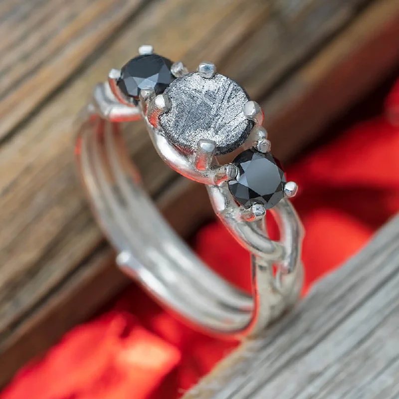 Black Diamond Engagement Ring With Meteorite Stone