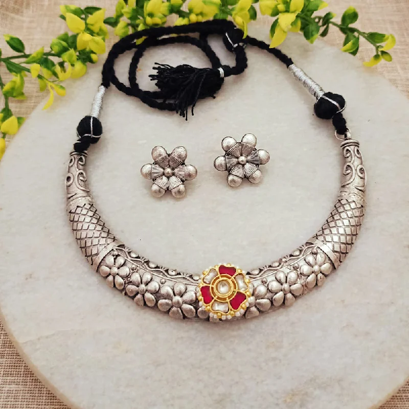 FS Collection Oxidised Plated Kundan Stone Pearls Necklace