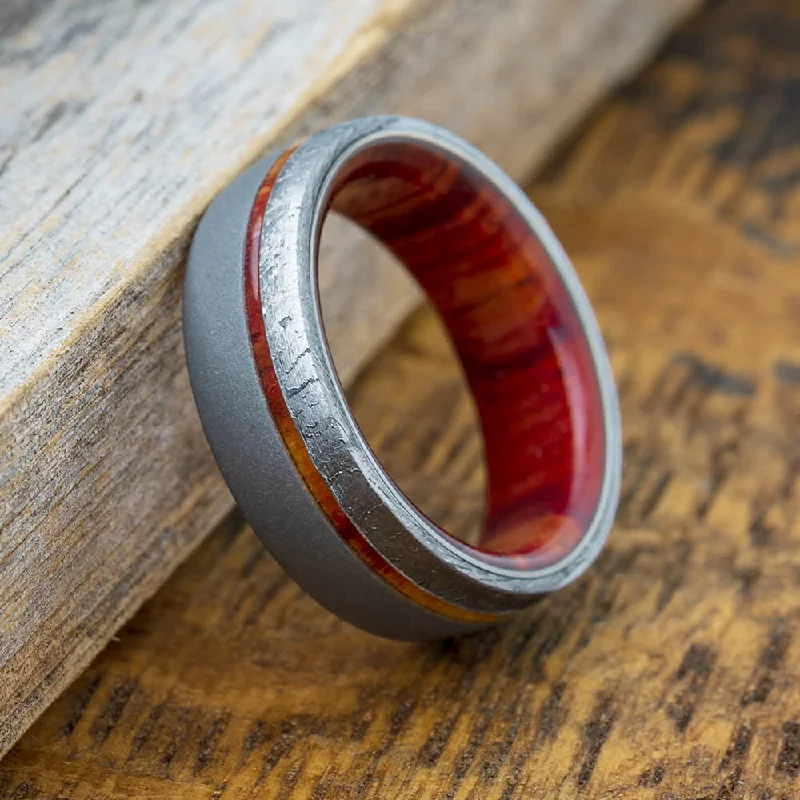 Exotic Wood and Meteorite Wedding Band with Sandblasted Titanium