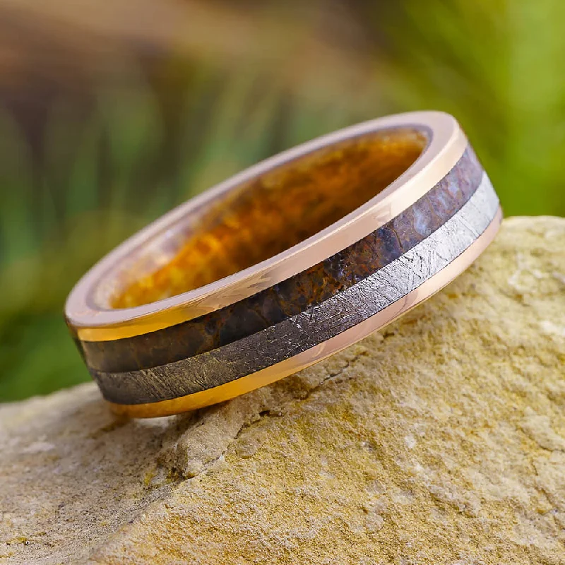 Dinosaur Bone Wedding Ring With Meteorite & Whiskey Barrel