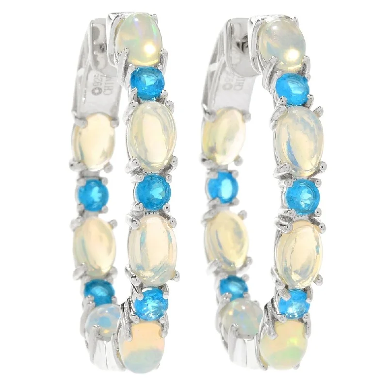 Sterling Silver 1.25" Ethiopian Opal & Neon Apatite Hoop Earrings