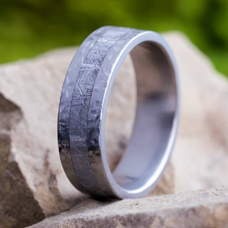 Hammered Titanium Men's Wedding Band With Gibeon Meteorite