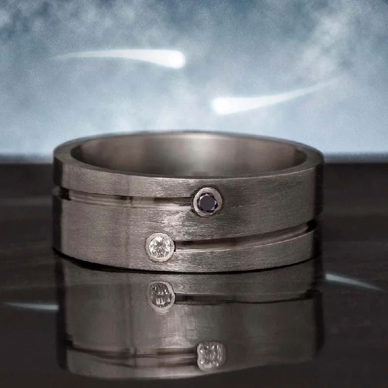 Double Diamond Ring in Grooved Titanium Wedding Band