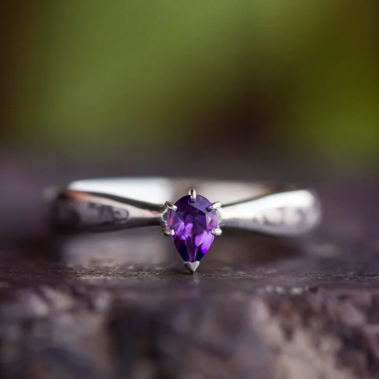 Pear Cut Amethyst Engagement Ring With Meteorite