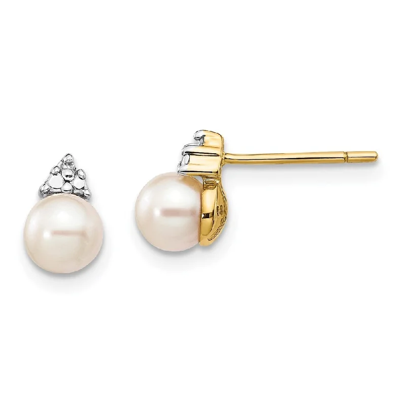 14k Yellow Gold Diamond And Cultured Pearl Earrings (L-8 mm, W-6 mm)