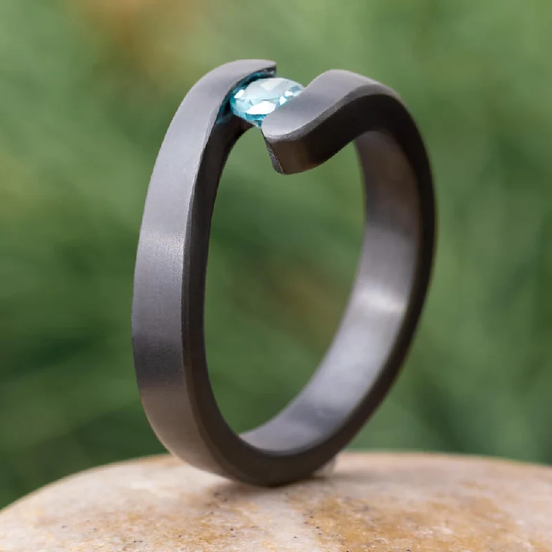 Tension Set Aquamarine in Black Zirconium Engagement Ring